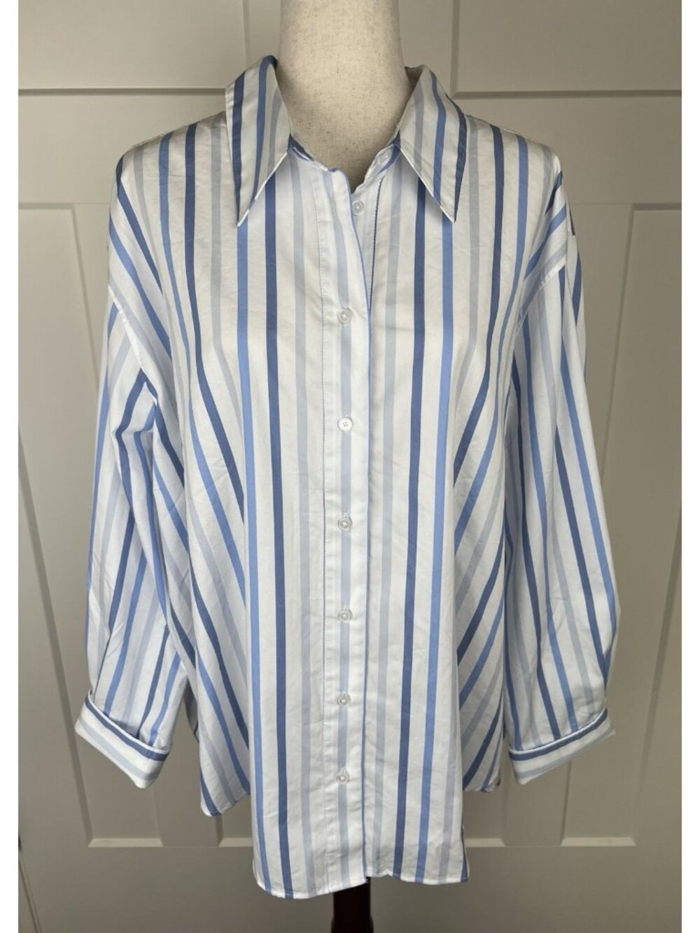 Lane Bryant Striped Button Down Shirt 22/24 Blue White Pleated Back Tunic